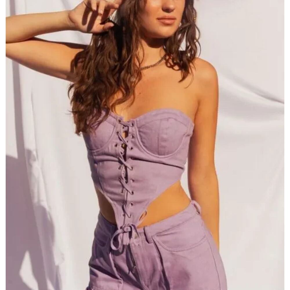 Lelis Denim Eyelet Corset Top Lace Up Purple Bustier XS